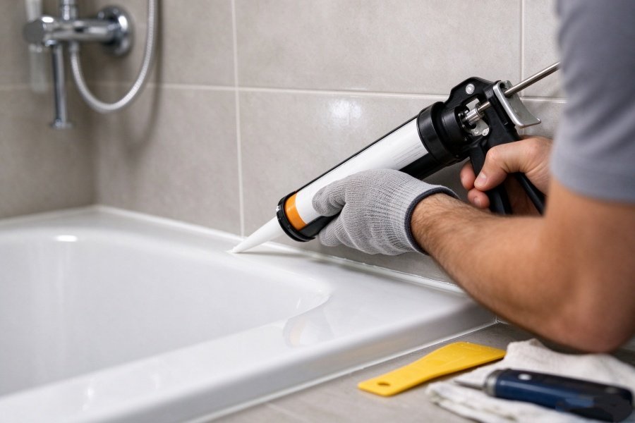 Anti-Mold Bathroom Bathtub and Shower Caulking Closeup