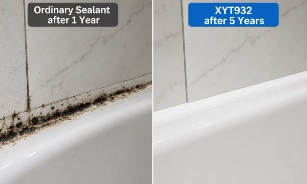 Black Moldy Caulk vs Pure White CHEMPU Sanitary Sealant Contrast