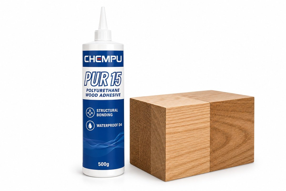 CHEMPU PUR-15 Polyurethane Wood Adhesive 500g Bottle and Bonded Timber Sample