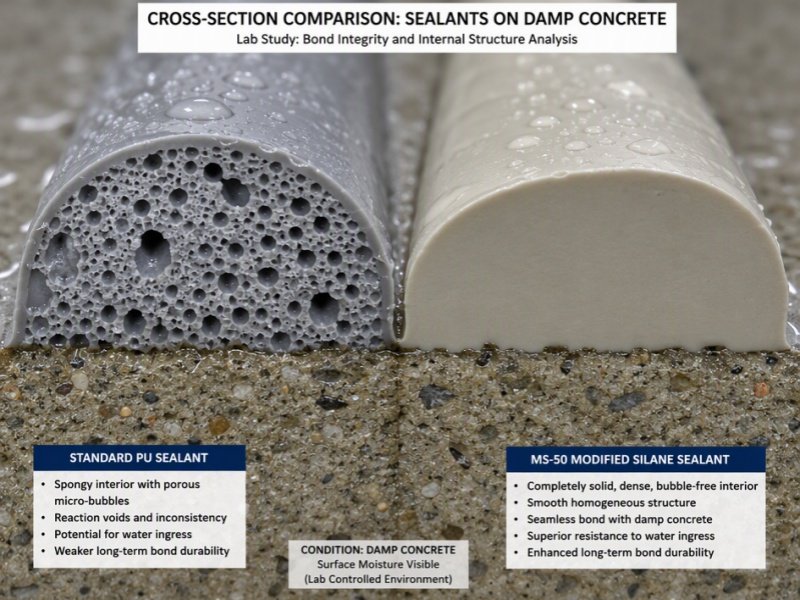 Non-Bubbling MS Polymer on Damp Concrete Comparison Test